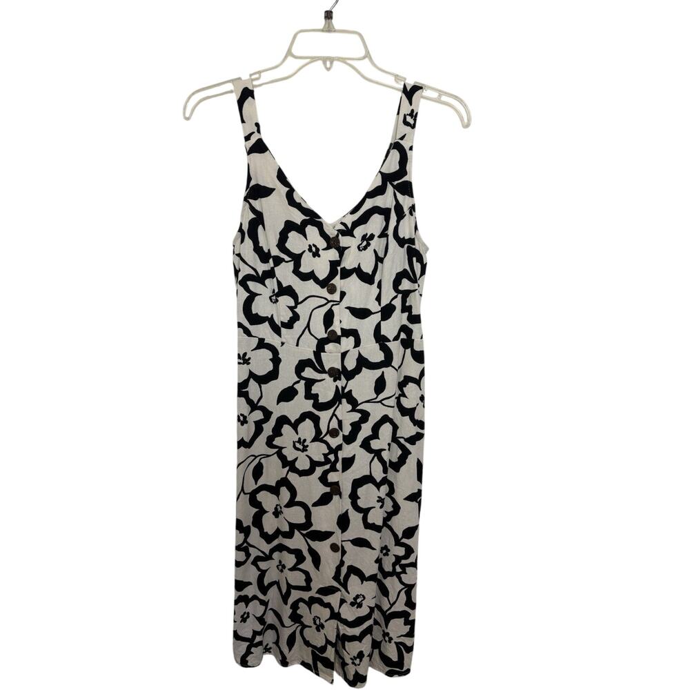 Linen Blend Black White Floral Sleeveless Midi Dress M V-Neck Wedding Guest